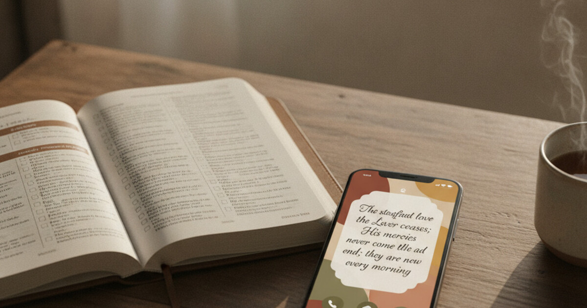 iPhone home screen displaying a Bible verse widget beside an open Bible reader with reading plan, warm natural morning light on wooden desk