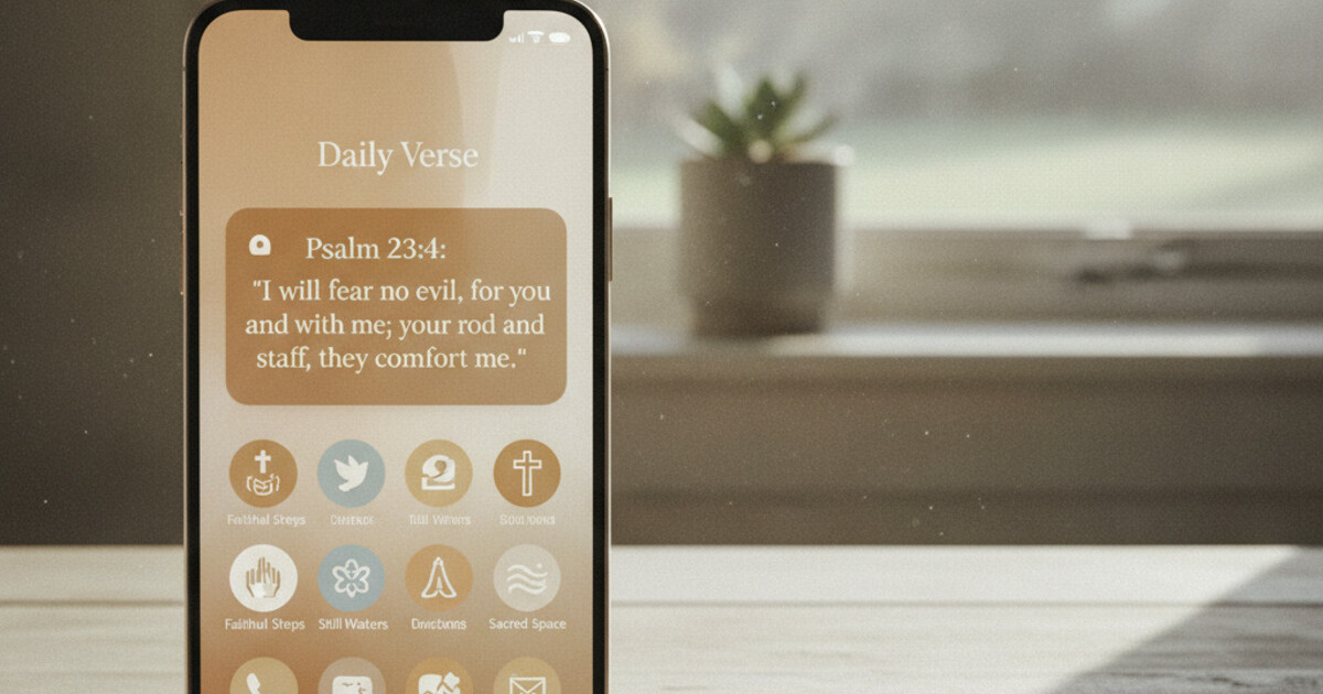 Smartphone showing Bible verse widget alongside icons of Christian meditation and prayer apps, representing alternatives to Abide
