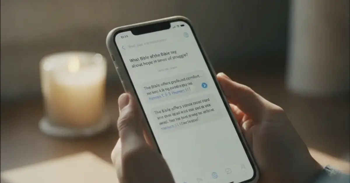 Smartphone screen showing an AI Bible chat interface with a scripture question and answer