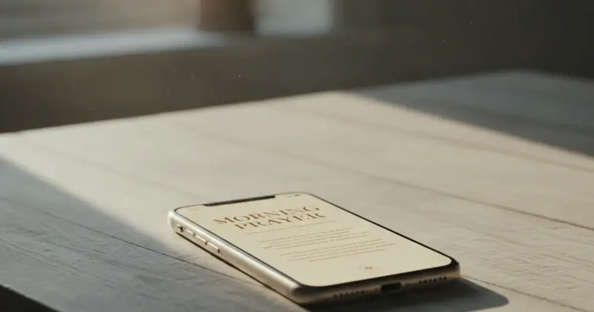 Phone screen displaying an AI-generated prayer in soft morning light