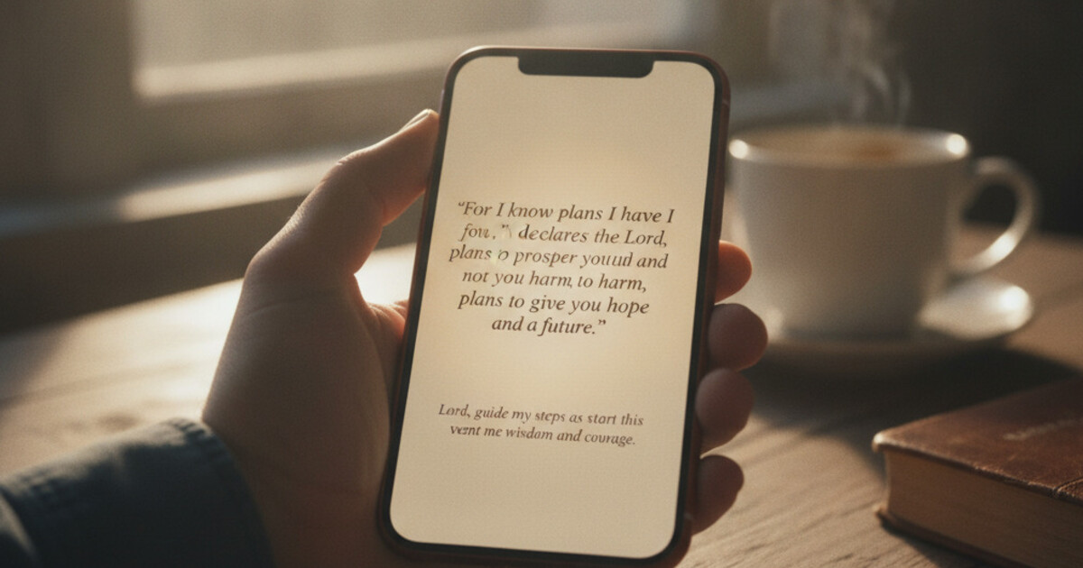 Smartphone screen showing an AI scripture app matching a Bible verse to a personal situation