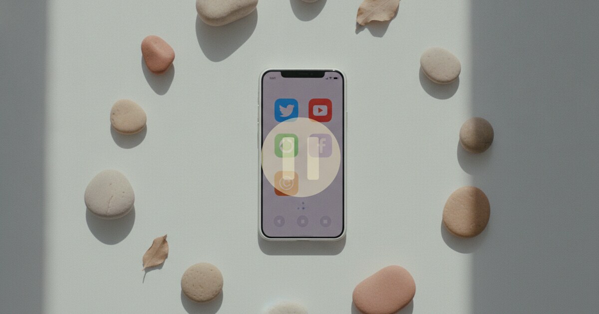 Smartphone showing social media app icons with a pause overlay symbol, clean minimal flat-lay on a light background
