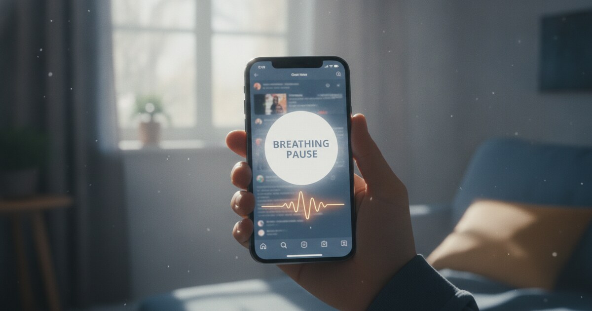 Smartphone screen showing a social media feed fading to a pause prompt, against a soft morning light background