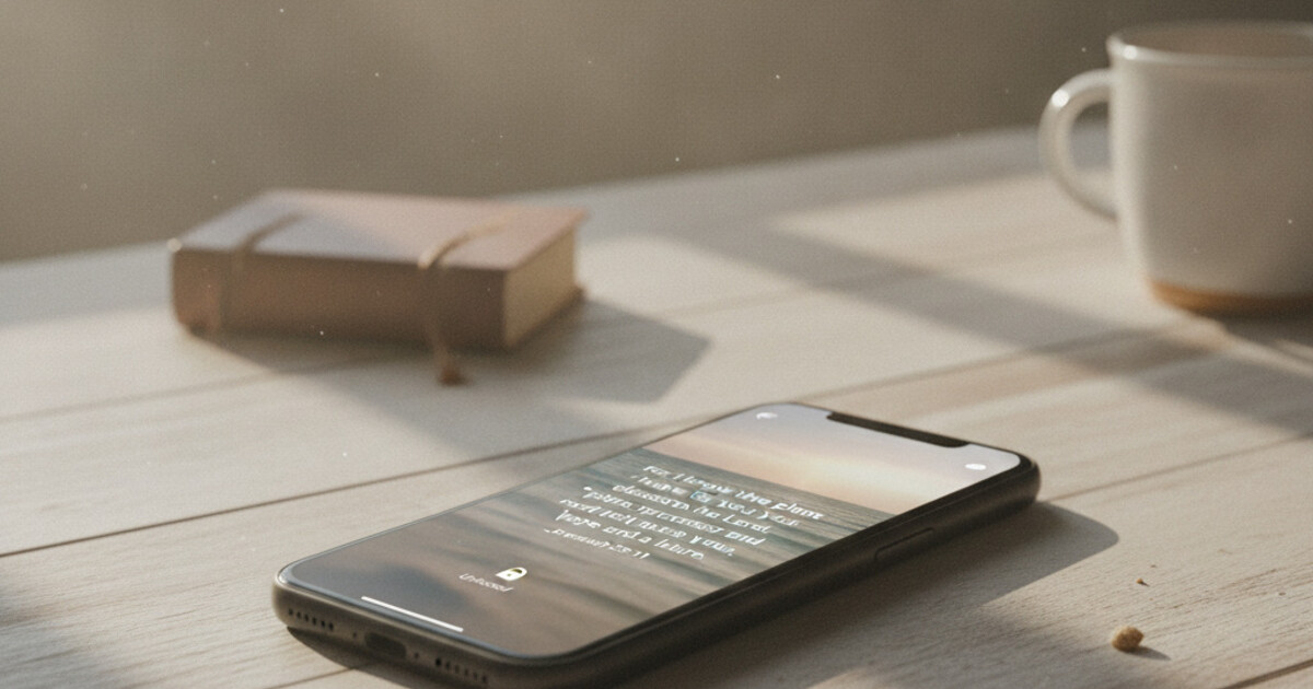 Phone screen showing Instagram app locked with a Bible verse overlay in a clean minimal interface, warm morning light and wooden desk background