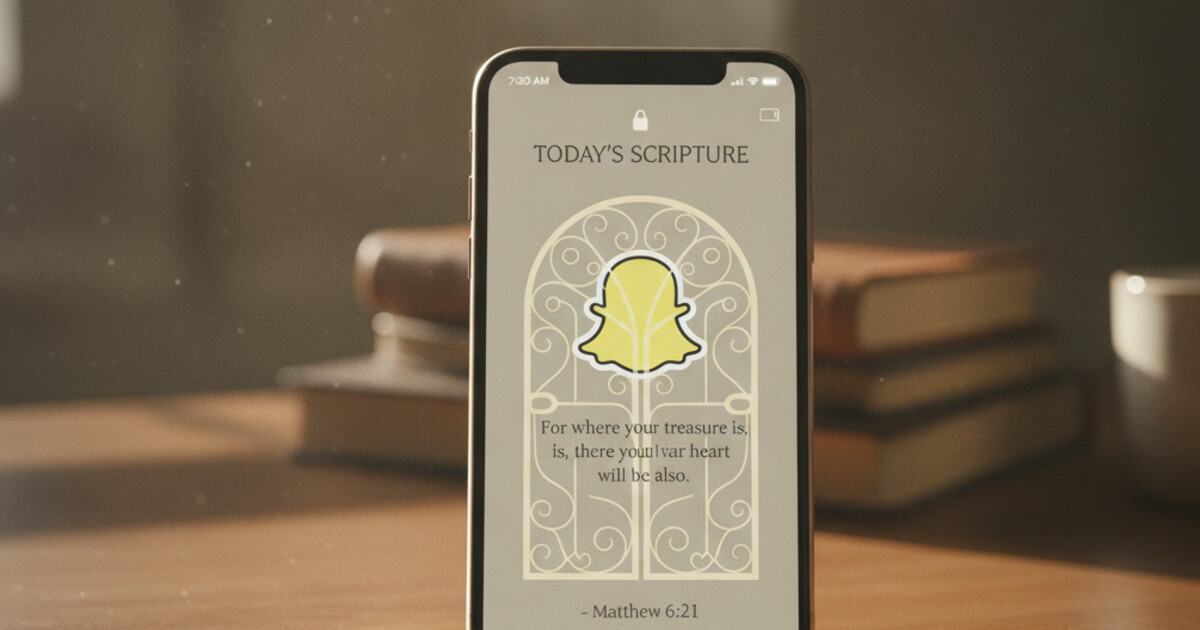 Phone screen showing Snapchat app locked behind a Bible verse gate in a clean minimal interface, warm morning light on wooden desk background