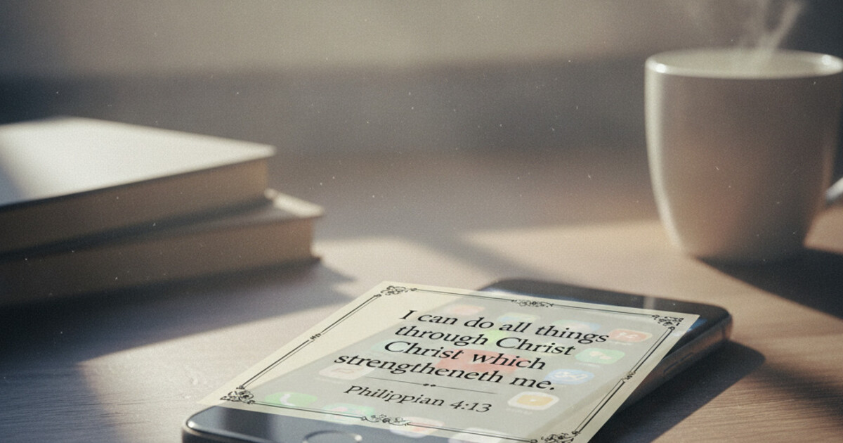 Phone screen showing YouTube app locked behind a Bible verse gate in a clean minimal interface, warm morning light on wooden desk background