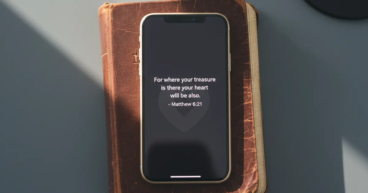 An iPhone showing a Bible verse lock screen resting on an open leather-bound Bible on a slate desk, soft afternoon light, gold leaf pages catching the light