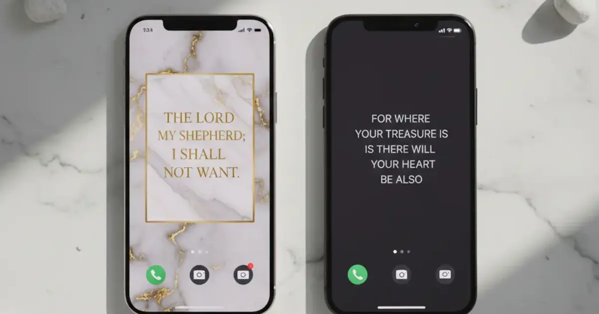 Two smartphones side by side showing Bible verse widgets — iPhone with a golden Marble-theme widget and Android with a Classic dark-theme widget