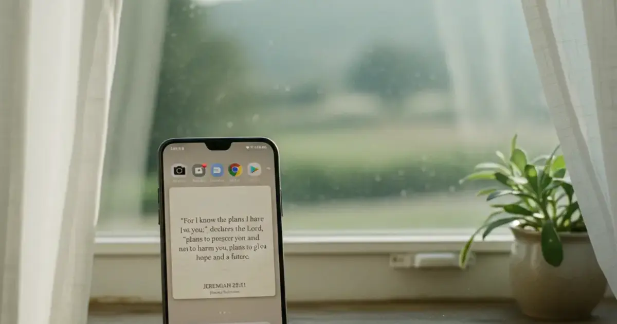 Android phone home screen showing a Psalmo Bible verse widget in the Classic theme