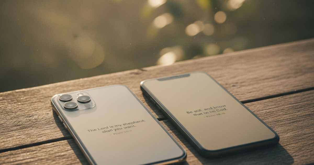 iPhone and Android phone side by side displaying a Bible verse gate screen before Instagram opens, warm morning light background