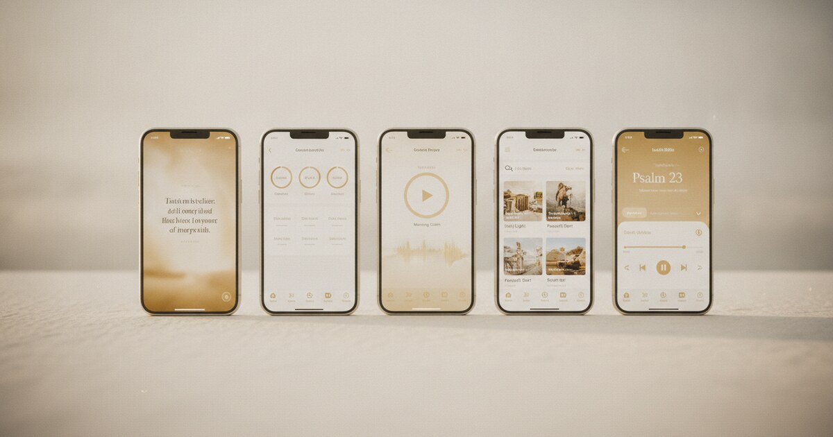 Five smartphones showing different Christian app interfaces including a Bible verse widget, prayer app, devotional feed, and audio Bible screen