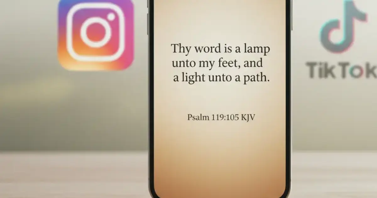 Smartphone showing a Bible verse on screen with Instagram and TikTok icons blurred in the background, representing a scripture gate before social media