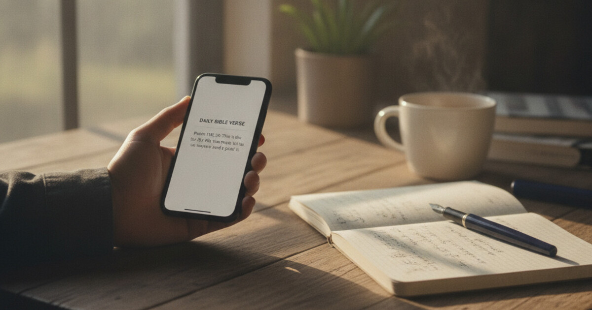 Phone showing a daily Bible verse widget on home screen, resting on a wooden desk with morning light and an open notebook nearby