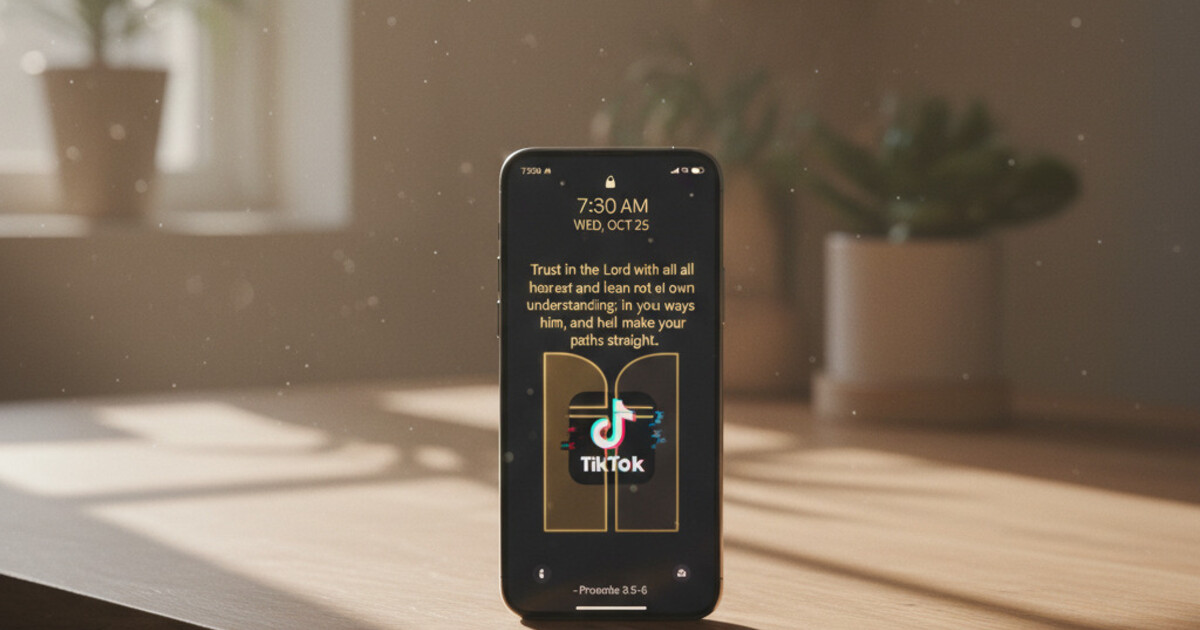 Smartphone on a wooden desk showing a Bible verse gate screen blocking TikTok, dark minimal theme, warm morning light