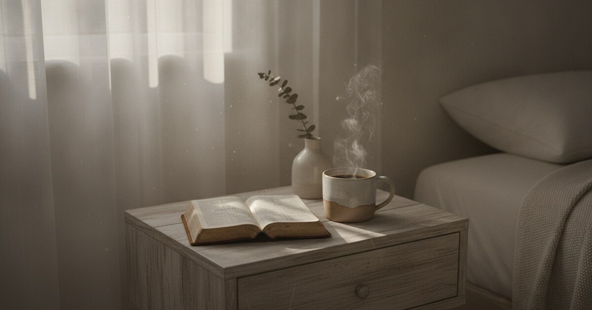 Open Bible on a wooden nightstand with a coffee cup in soft golden morning light