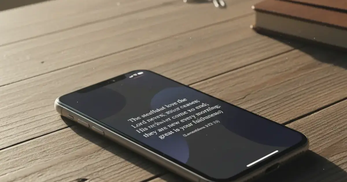 Smartphone home screen showing a Bible verse widget in a dark minimal theme on a wooden desk in morning light