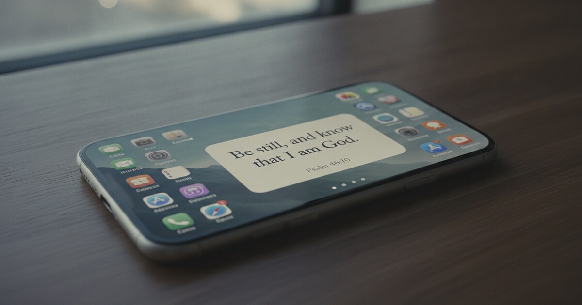 iPhone home screen showing a Bible verse widget in the Classic theme