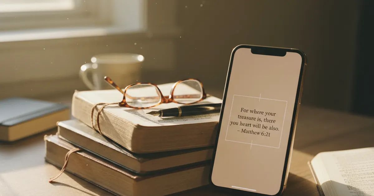 An iPhone propped against a stack of study Bibles on a writing desk, screen showing a Bible verse with camera viewfinder UI, reading glasses and a fountain pen on the open Bible