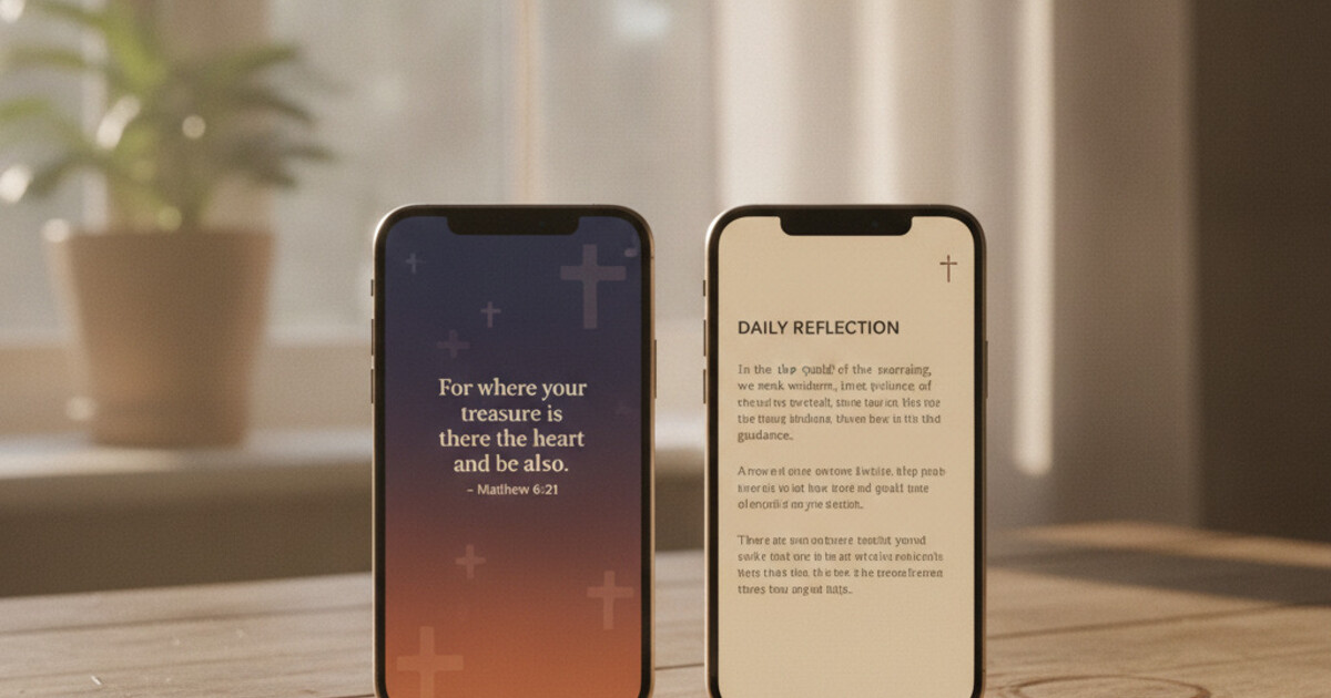 Two iPhones side by side on a wooden desk showing Bible verse gate screens, warm amber morning light, clean minimalist Christian app comparison aesthetic