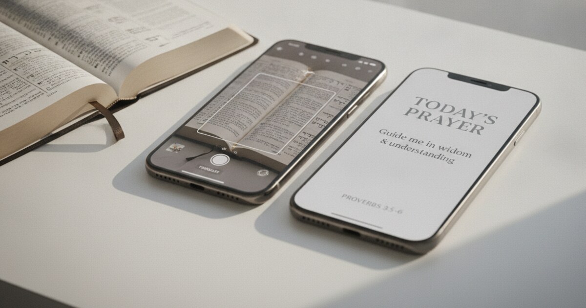 Bible Mode vs Pray Screen Time side-by-side on iPhone — camera Bible scan gate versus prayer prompt screen