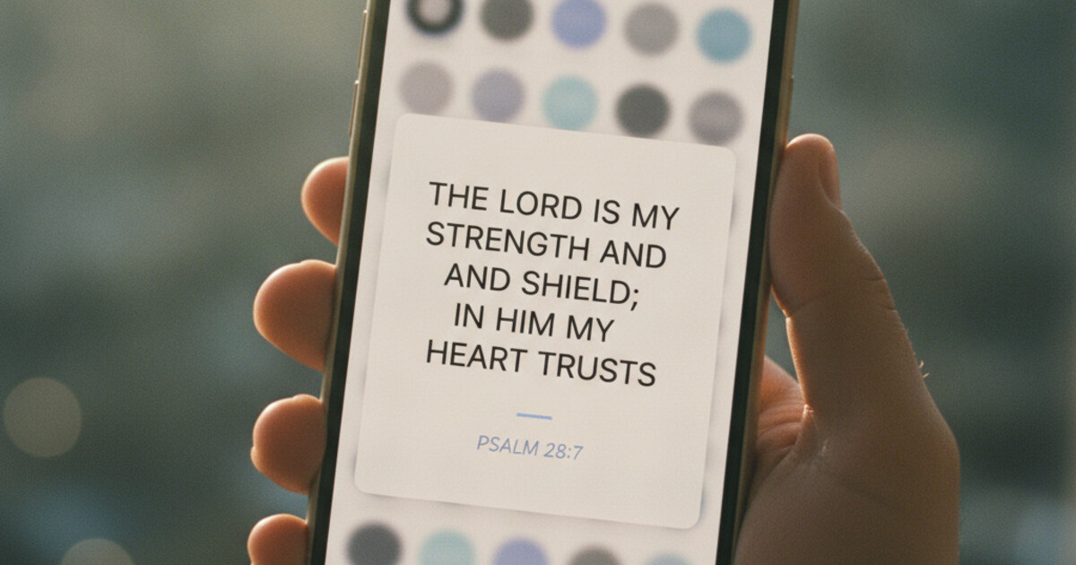 iPhone screen showing a daily Bible verse as a full-screen interstitial card over a blurred social media app, clean minimal design with warm cream and soft blue tones, gentle faith-tech aesthetic