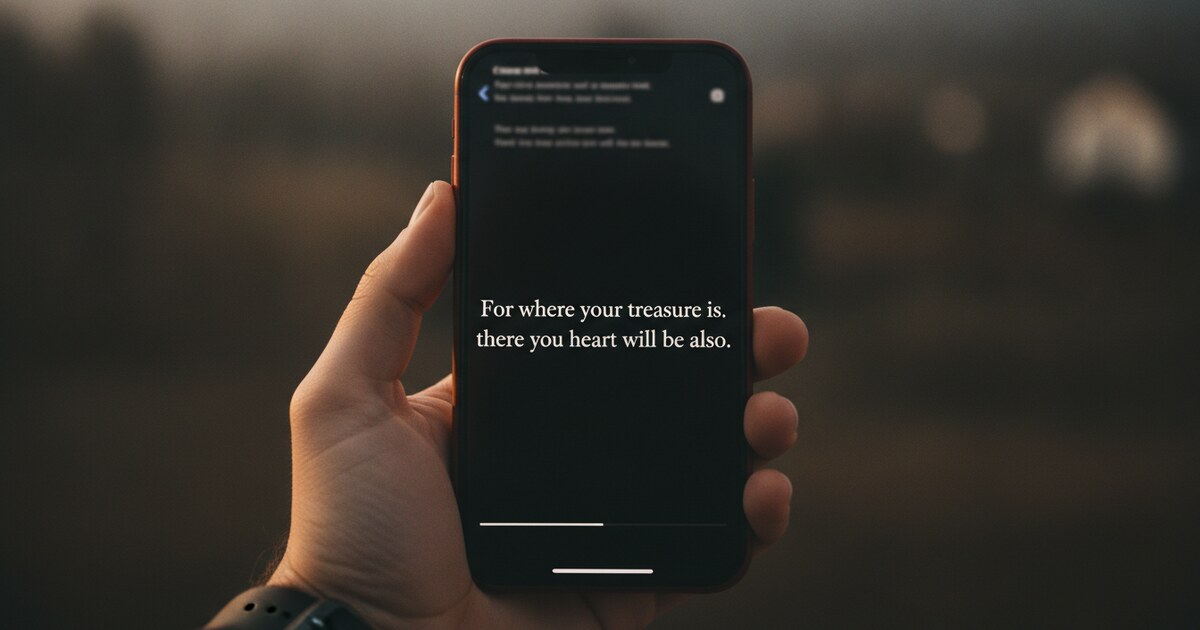iPhone displaying a Bible verse in a vertical scroll feed interface with dark mode