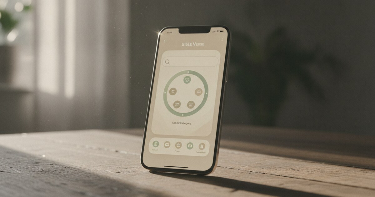 Phone screen showing Bible verse app with mood category selection and home-screen widget
