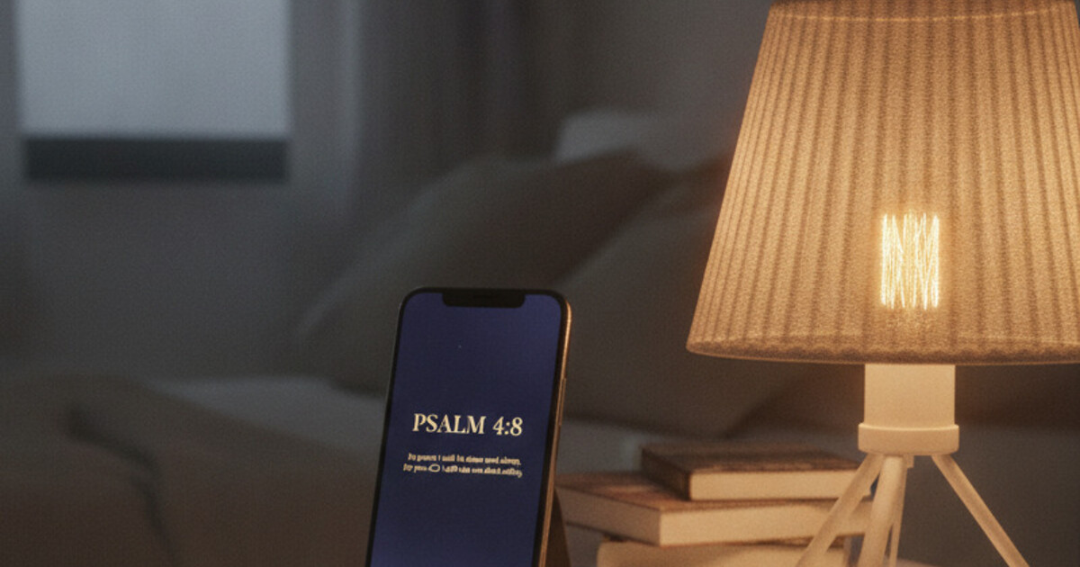 Smartphone on a white nightstand displaying Psalm 4:8 in Night Sky dark theme with gold text, soft warm bedside lamp, phone charger plugged in