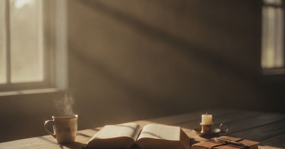 Open Bible on a wooden table in warm morning light, contemplative atmosphere for scripture study