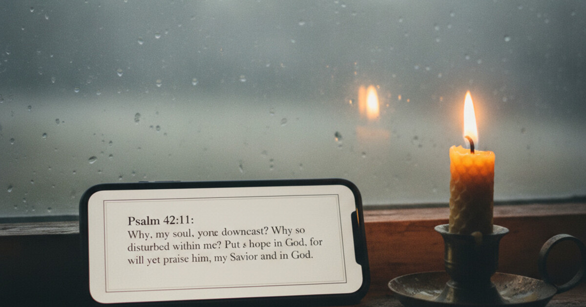 Smartphone showing Psalm 42:11 in Psalmo Classic white widget on a worn wooden windowsill, soft grey morning light filtering through rain-streaked glass, single candle burning nearby