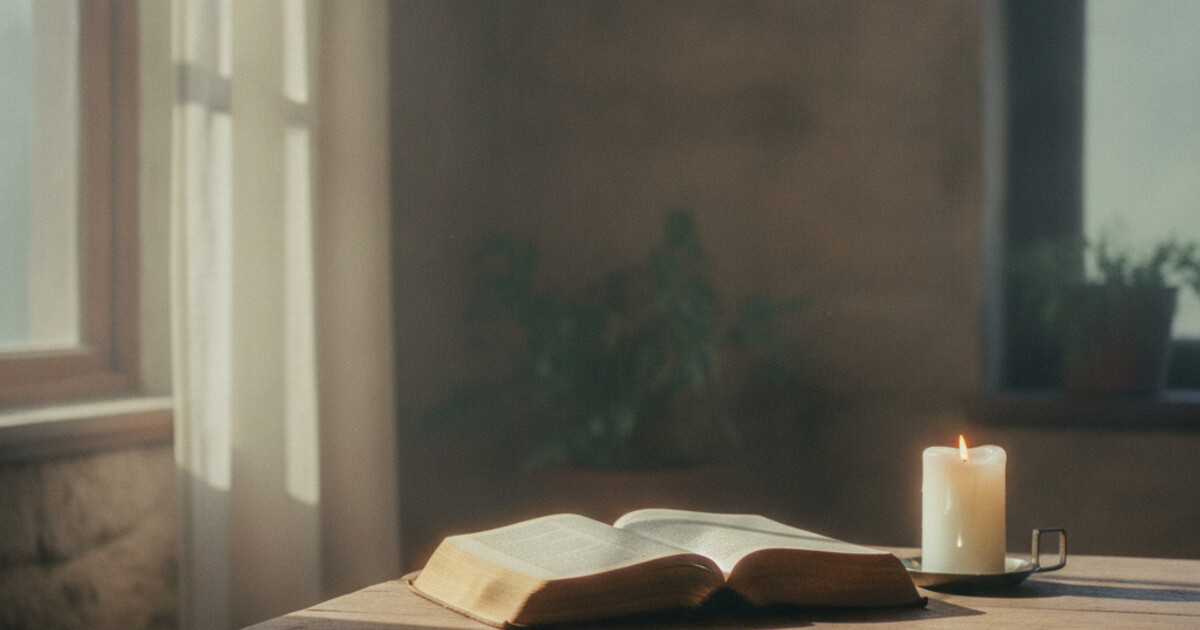 Open Bible on a wooden table beside a candle in soft morning light