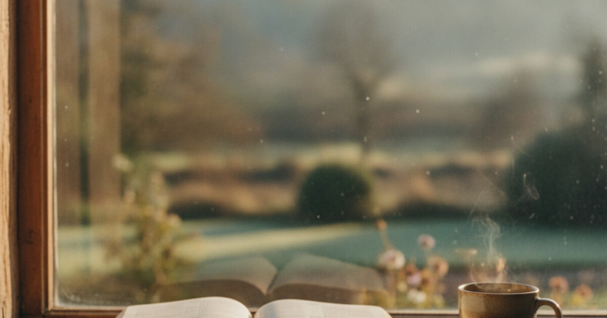 Open Bible on a wooden windowsill in soft, quiet morning light