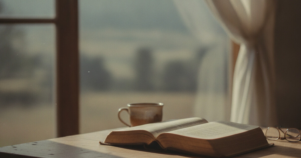 Open Bible on a wooden table in soft warm morning light, contemplative mood