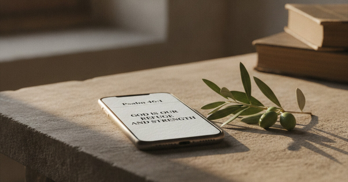 Smartphone showing Psalm 46:1 in Psalmo Classic white widget on a stone desk beside a small olive branch, warm afternoon window light, calm grounded composition