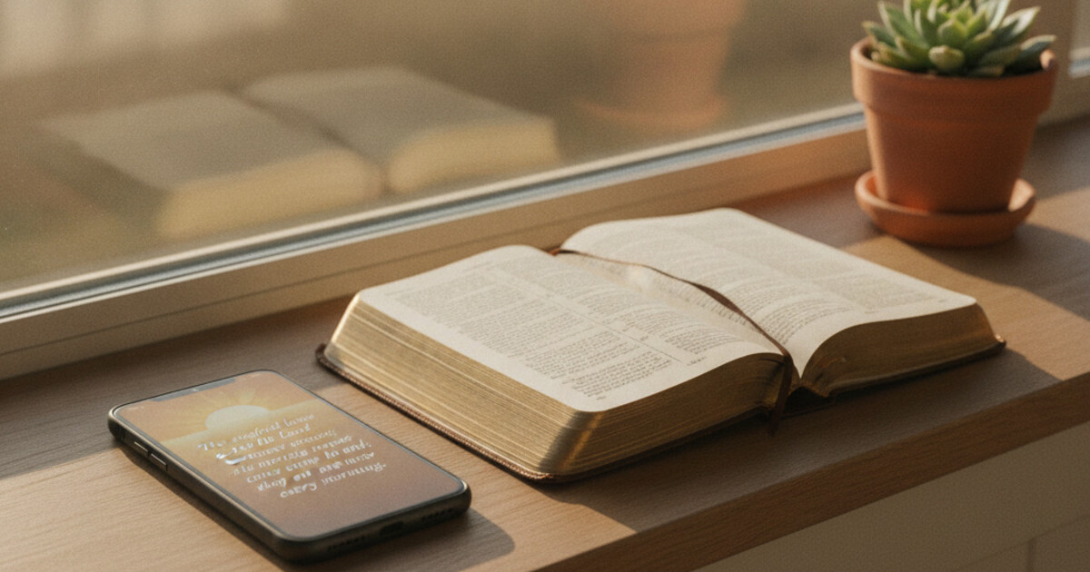 Smartphone on sunlit windowsill showing Matthew 6:25 in Psalmo Sunrise theme beside an open Bible, warm morning light, peaceful home setting