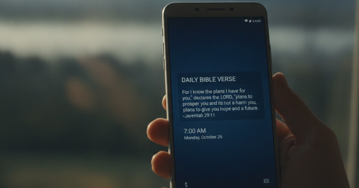 Android phone lock screen showing a Psalmo daily Bible verse notification over a dark aesthetic background