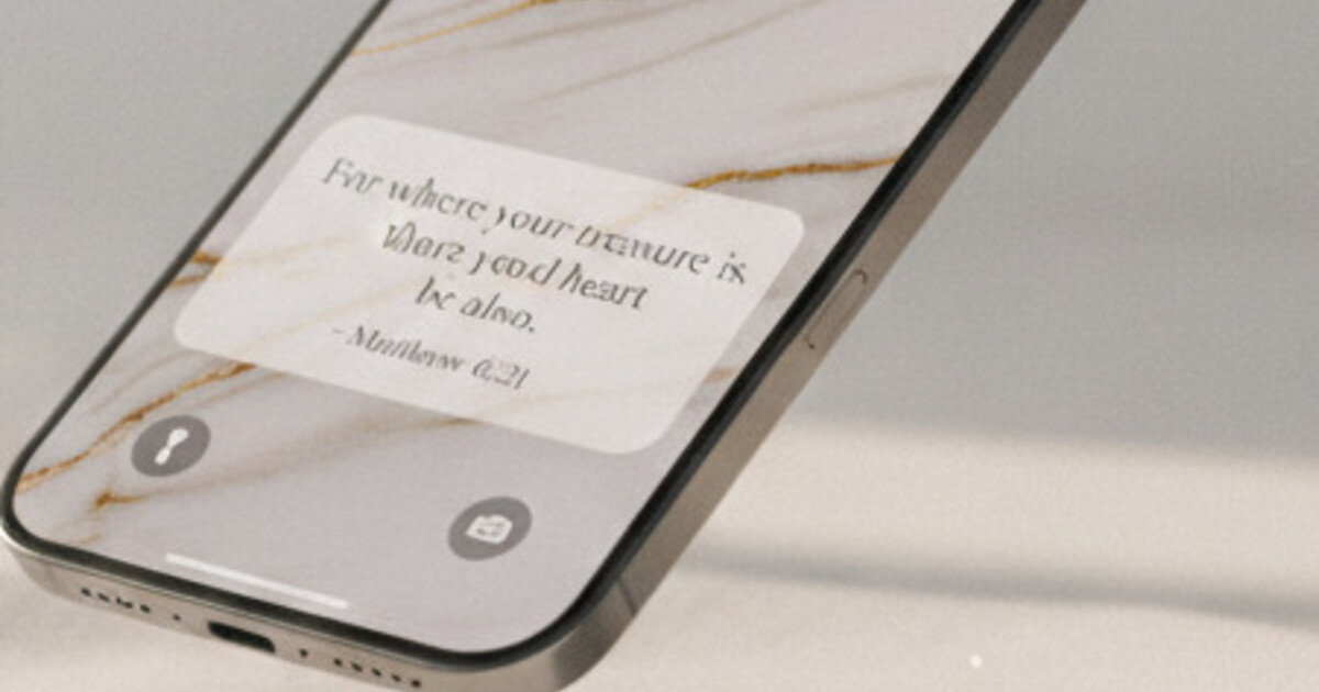 iPhone 15 Pro showing a lock screen with a styled Bible verse widget card in a marble theme, soft morning light background, photorealistic
