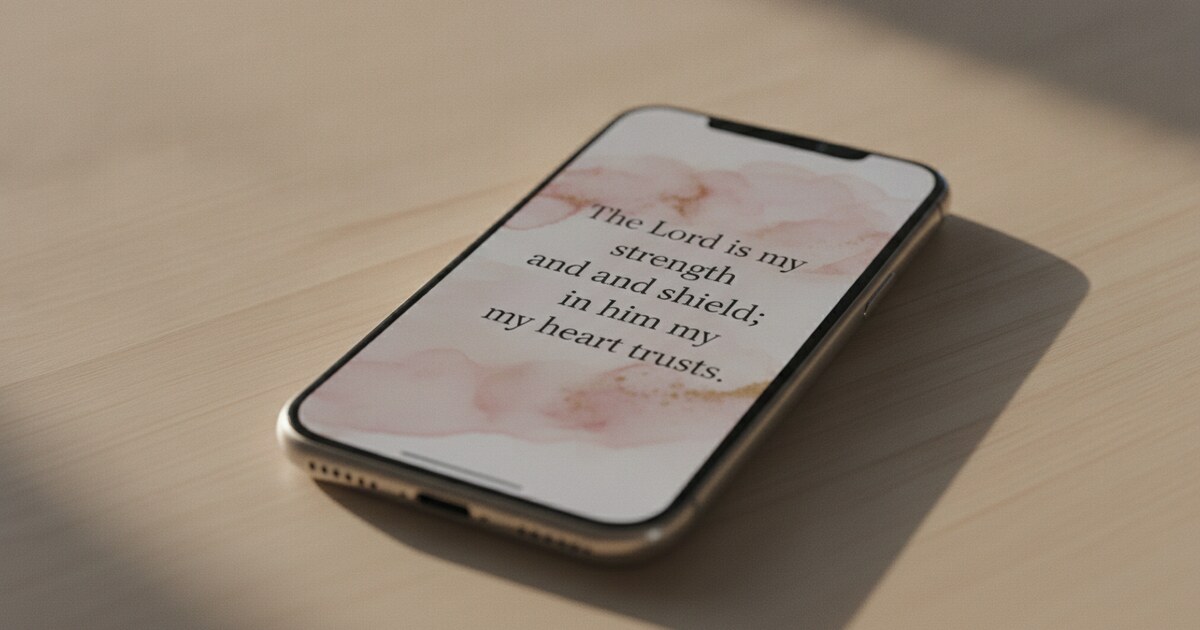 iPhone lock screen displaying a Bible verse in elegant serif typography over a soft watercolor background in muted rose and cream tones, phone on wooden surface in morning light