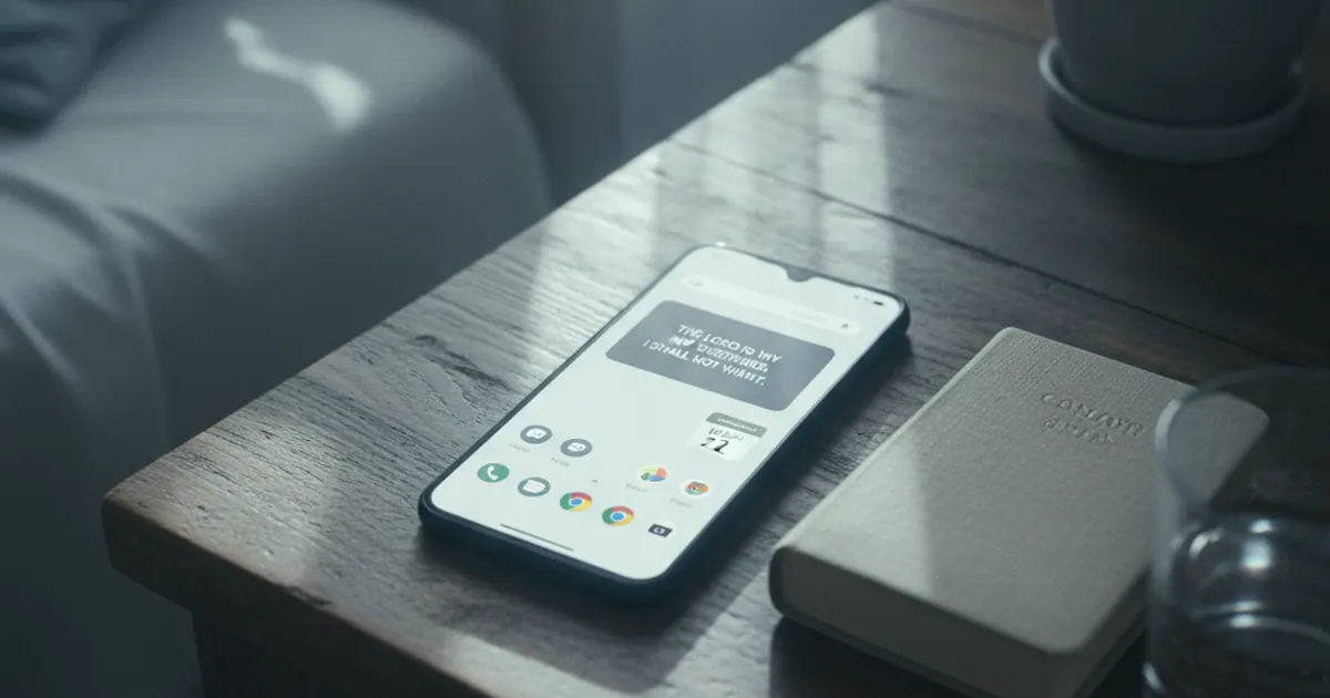 A Pixel phone on a wooden bedside table at dawn showing a Bible verse home-screen widget, beside a closed linen-bound Bible and a glass of water in cool morning light