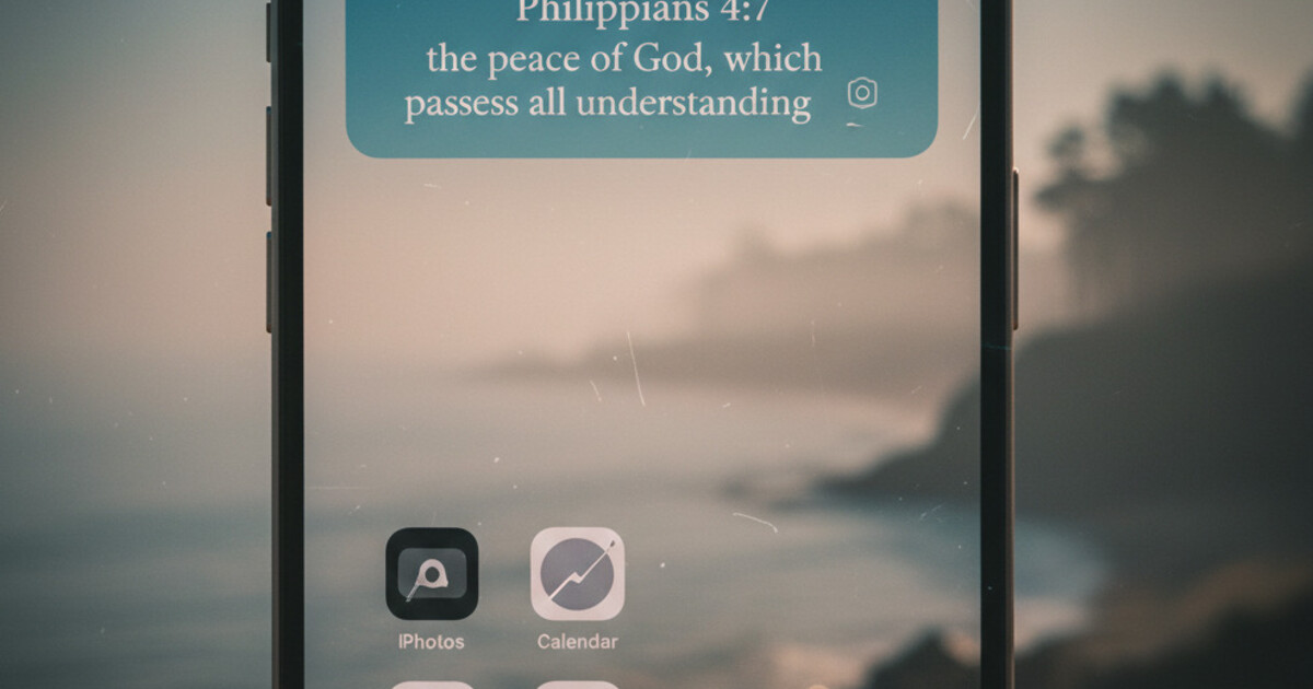 iPhone home screen showing a Psalmo Bible verse widget with Philippians 4:7 in a calm ocean blue theme