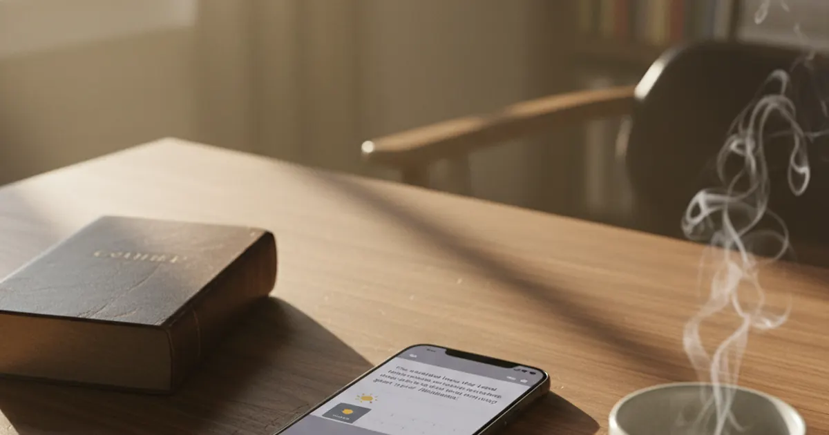 An iPhone on a walnut desk showing a Bible verse home-screen widget, beside a closed leather-bound Bible and a steaming mug in morning light