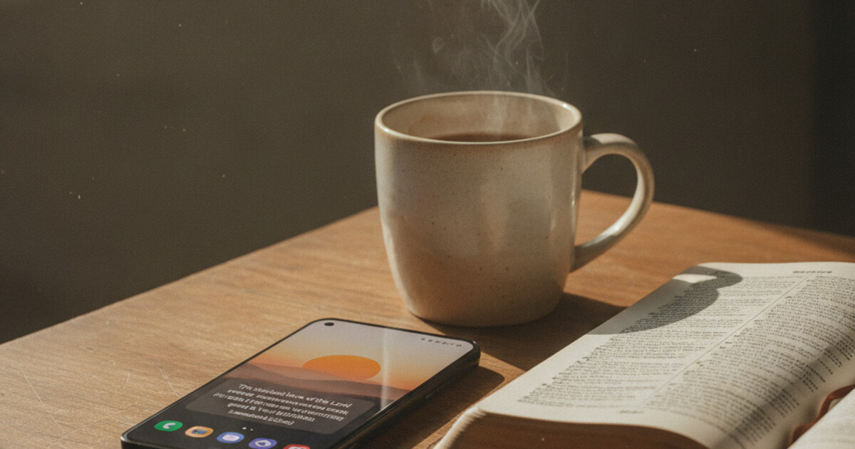 Samsung Galaxy S25 on a wooden desk showing a Bible verse home-screen widget with a Sunrise theme, beside a cup of coffee and an open Bible in warm morning light