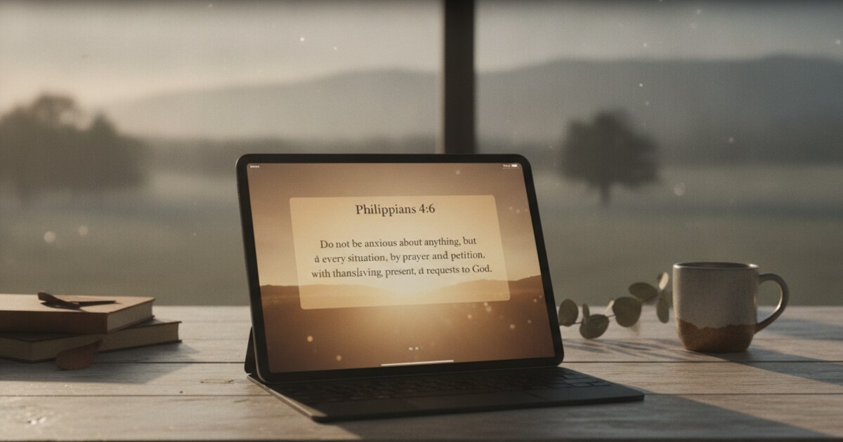 iPad home screen showing a large Bible verse widget with Philippians 4:6 in clean serif text on a warm sunrise theme