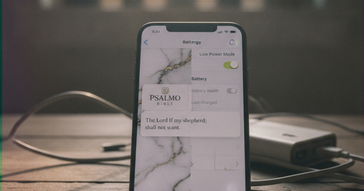 iPhone home screen showing a Psalmo Bible widget alongside the iOS Settings Battery screen, illustrating the Low Power Mode fix for widgets not updating
