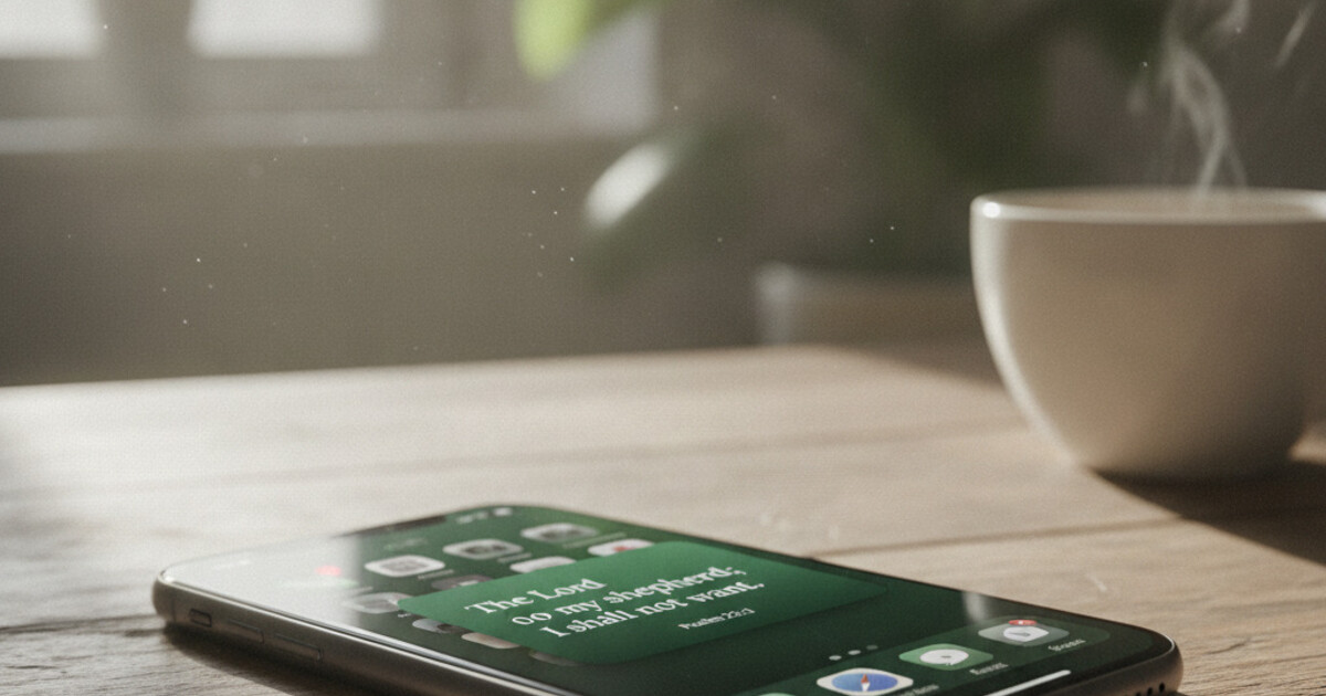 iPhone home screen showing a Psalmo Bible widget with a fresh daily verse in a Forest green theme, clean typography on a dark green gradient background