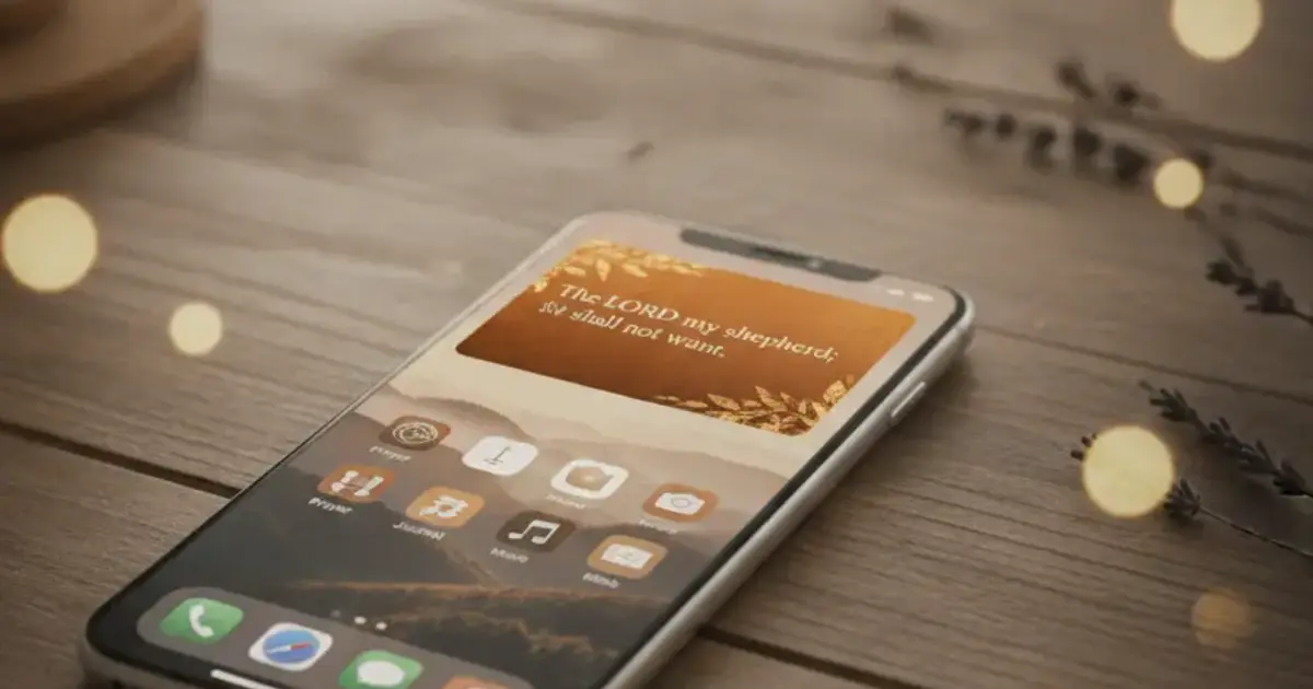iPhone home screen showing an aesthetic Psalmo Bible verse widget with the Gold Leaf theme displaying a scripture verse