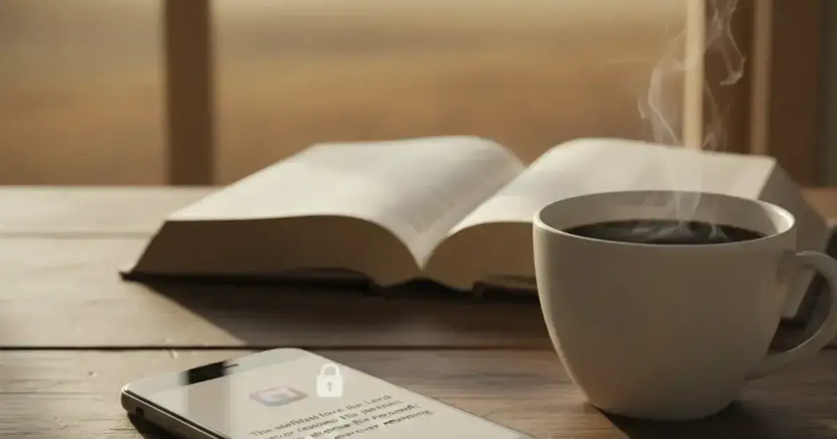 A phone on a wooden desk in soft golden morning light showing a Bible verse, with a cup of coffee and an open Bible in the background