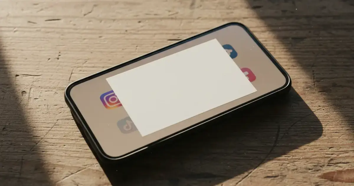 Smartphone on a wooden desk showing a Bible verse card overlaid on blurred social media app icons, warm morning light