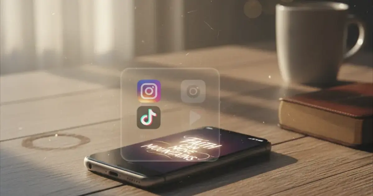 Smartphone on a wooden desk showing a Bible verse unlock screen with blurred Instagram and TikTok icons behind it, warm morning light, faith-tech aesthetic