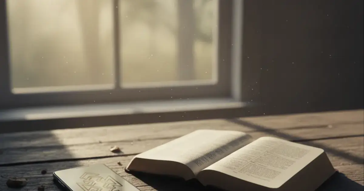 Smartphone on a wooden table showing a locked app screen next to an open Bible in warm morning light